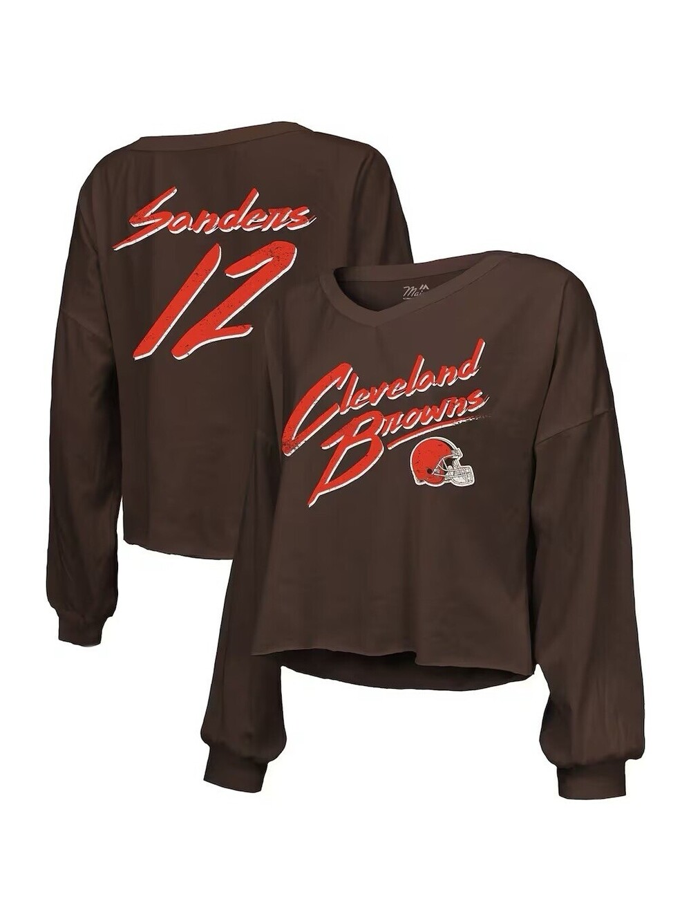 Women’s Majestic Cleveland Browns Sanders #12 Brown Long Sleeve Shirt, XL
